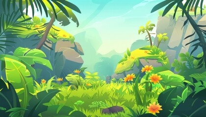 A lush green jungle landscape with tall trees, rocks, and flowers.