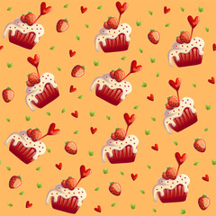 A seamless pattern featuring Red Velvet cupcakes topped with white frosting and adorable edible heart decorations. Perfect for Valentine’s Day, romantic themes, and festive designs
