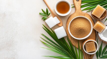 A vibrant arrangement of various sugars and natural sweeteners on a wooden board with tropical leaves
