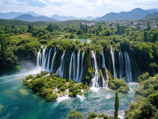 Fototapeta premium Majestic Waterfalls Cascading Through Lush Greenery with Mountain Backdrop and Turquoise Waters