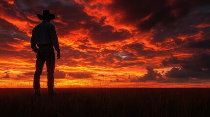 Obraz premium Solitary Cowboy at Fiery Sunset