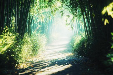 Obraz premium Bamboo forest pathway inviting peaceful strolls under dappled sunlight and serene ambiance