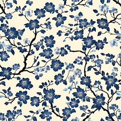 Elegant blue floral pattern with branches on a light background for decorative purposes