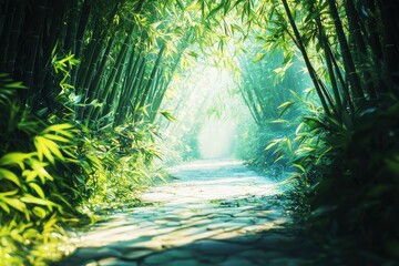 Obraz premium Tranquil bamboo forest pathway offers serene escape into nature's beauty and calm ambiance