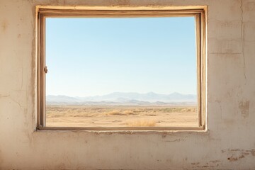 Old window framing a breathtaking view of a desolate landscape revealing natures quiet beauty and the passage of time