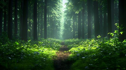 Fototapeta premium Lush Green Forest Pathway Surrounded by Tall Trees and Soft Light