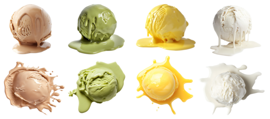 Set of melt melting Ice cream scoop ball, top front view on transparent cutout PNG file. Many different flavour, Lemon, Mocha, coffee, matcha, pistachio, coconut. Mockup template for artwork design