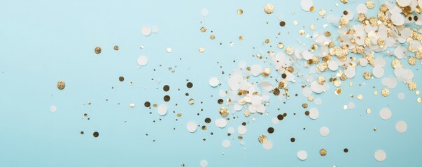 Fototapeta premium Light blue background with flying white and gold confetti, holiday, celebration background