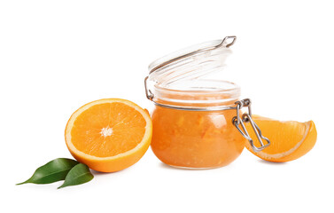 Jar of sweet orange jam and fruit on white background