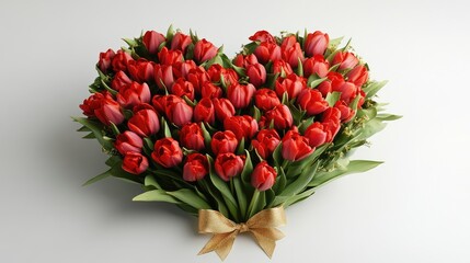 Fototapeta premium Heart-Shaped Bouquet of Red Tulips with Gold Ribbon on White Background Celebrating Valentine's Day, 14th of February