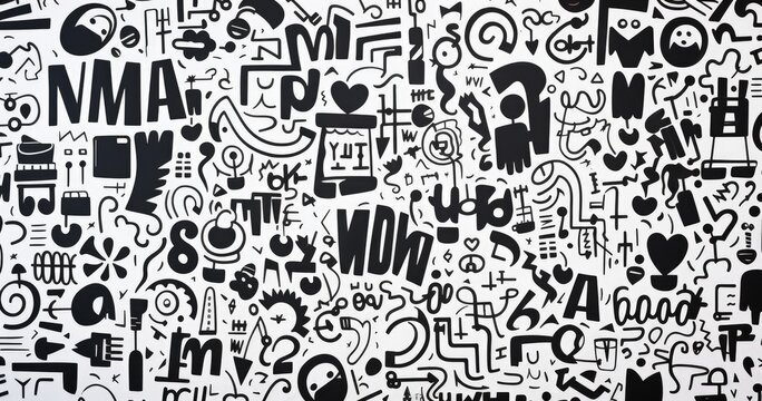 A collage of abstract black and white shapes and symbols, creating a dynamic visual pattern.