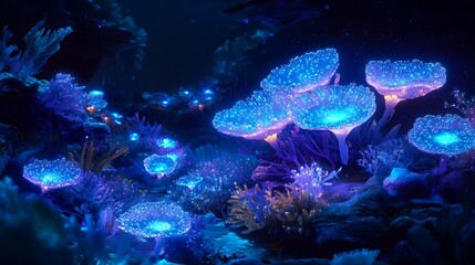 Obraz premium A radiant digital art of a glowing underwater world with coral reefs illuminated by bioluminescent organisms