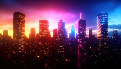Obraz premium Vibrant city skyline at dusk with colorful lights and silhouettes.