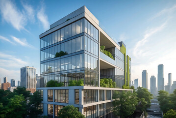 Fototapeta premium Modern Office Building with Minimalist Design, Geometric Layout, Glass Windows, and Eco-Friendly Terraces, Set Against a Stunning City Skyline