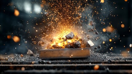 Exploring the Intense Blaze of a Wooden Box Amidst the Industrial Ambiance of a Steel Smelting Facility