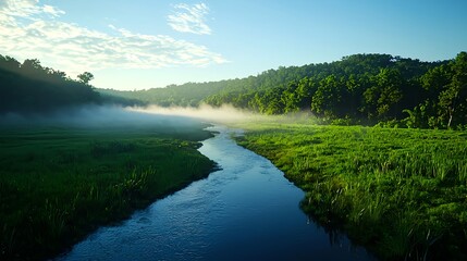 Obraz premium Serene Morning Mist Over Calm River and Verdant Landscape