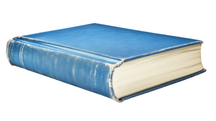 Old blue book with worn cover resting on a flat surface in a well-lit room isolated on transparent background