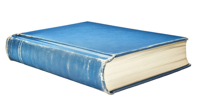 Old blue book with worn cover resting on a flat surface in a well-lit room isolated on transparent background