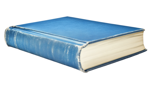 Old blue book with worn cover resting on a flat surface in a well-lit room isolated on transparent background