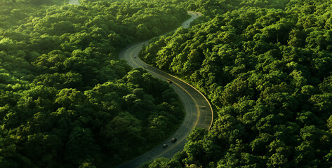 view of green forest, view of the road, close up of a green leaf, close up of green grass, view of the road in the forest, view of road, A curving road cutting through lush green trees, with cars