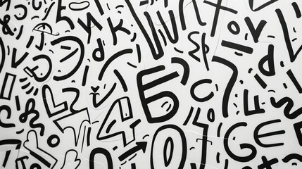 A vibrant pattern of abstract shapes, letters, and numbers on a white background.