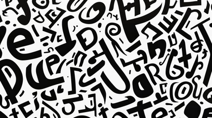 A chaotic arrangement of various abstract black letters and symbols on a white background.
