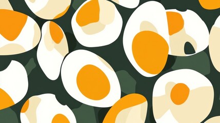 Halved eggs pattern, dark background, food design, recipe illustration