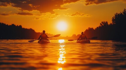Kayakers Sunset River Adventure Silhouette