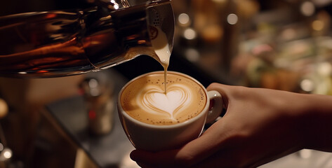 Naklejka premium A close-up of a barista’s hands skillfully pouring milk to create a heart shape in a cup of coffee, with a warm café ambiance