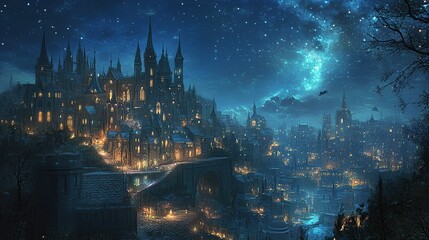 Fototapeta premium Magical winter night scene of a snow-covered castle town with twinkling lights and starry sky.