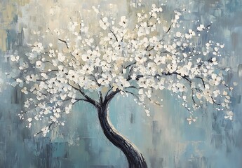 Abstract Painting of a Tree with White Flowers and Branches for Modern Artistic Decor