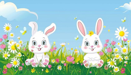 Fototapeta premium Two cute white bunnies with big blue eyes sitting in a meadow of pink and white flowers.