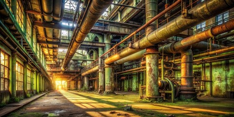 Sunlit Pathway Through a Derelict Industrial Complex, Revealing Intricate Network of Rusting Pipes and Aged Metal Structures