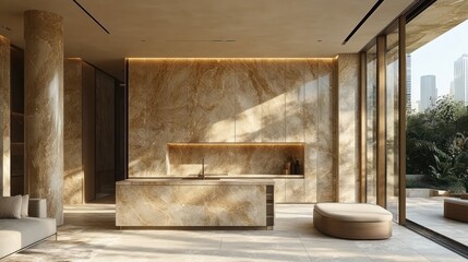 Luxurious Modern Kitchen Design with Marble Accents and City Views