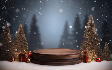 Fototapeta premium dark wooden circle podium with pine tree on each side and raining snow on the background