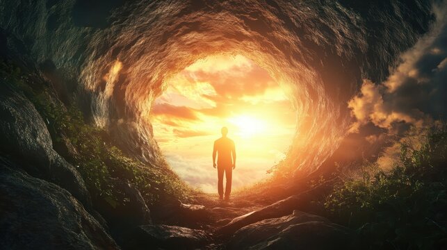 Man Emerging from Cave into Sunset