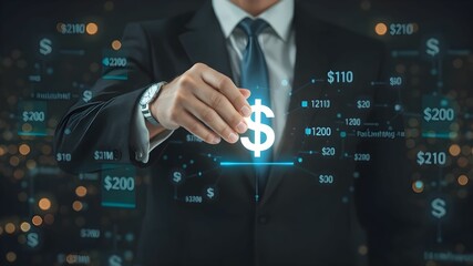 Businessman with financial symbols and icons on a virtual screen. Business and technology concept.