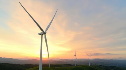 Obraz premium Wind turbines stand on green hills generating renewable energy during a scenic sunset.