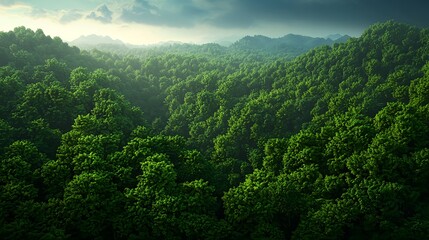 Obraz premium Lush Green Forest Landscape Under Dramatic Sky and Mountains