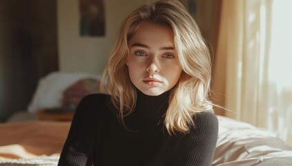 Golden Hour Portrait: Serene Blonde Woman in Black Turtleneck