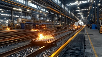 Fototapeta premium In the Heart of Industry: A Train Navigates Through a Steel Smelting Plant Symbolizing the Connection Between Transport and Production Processes