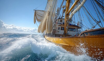 Obraz premium Sailing ship, ocean waves, fishing nets.