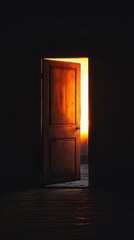 A worn wooden door stands ajar, illuminating a beautiful golden horizon as daylight fades into dusk. The warm glow beckons towards a world of opportunity and adventure outside