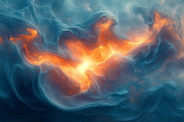 fiery orange essence weaving through blue mists, creating a surreal, otherworldly spectacle