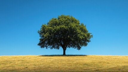 Fototapeta premium Lone tree on a golden field under a vibrant blue sky.