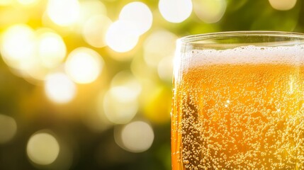 Refreshing glass of golden beer with bubbles, set against a vibrant, sunny garden background