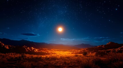 Serene Night Landscape with Stars and Moon Illuminating Desert
