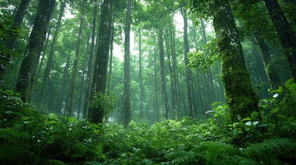 Fototapeta premium Tall green trees rise from a lush fern-covered forest floor in a misty woodland during daytime.