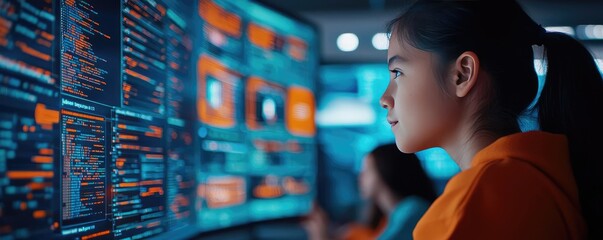 Education technology ai concept. Young girl focused on coding and technology, engaged in digital learning.