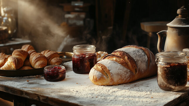 A rustic bakery setup with a fresh loaf of sourdough bread, golden croissants, and jars of homemade jam on a flour-dusted wooden table.